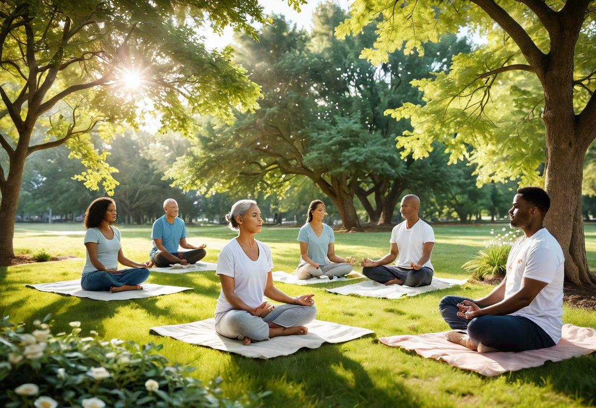 A serene landscape showcasing a diverse group of people, including a cancer survivor, healthcare professionals, and loved ones, engaging in various supportive activities like meditation, exercise, and counseling. Soft sunlight filtering through trees symbolizes hope and healing. Infusing elements like fresh fruits and flowers represent wellness and vitality. A warm color palette to evoke feelings of comfort and encouragement. super-realistic. vibrant colors.